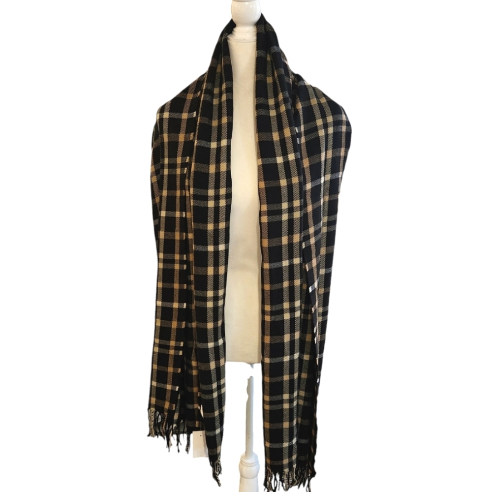 J. Crew Classic Black Tan Fringed Scarf Wrap. Size 76x48